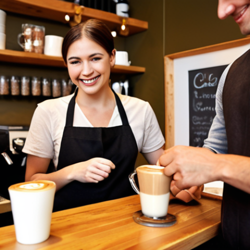 Home 22 **A barista smiling warmly while handing a beautifully crafted latte to a customer in a cozy cafe setting. Focus on the detail of latte art, the customer's appreciative expression, and the warm atmosphere of the cafe.**