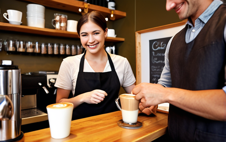 **A barista smiling warmly while handing a beautifully crafted latte to a customer in a cozy cafe setting. Focus on the detail of latte art, the customer's appreciative expression, and the warm atmosphere of the cafe.**