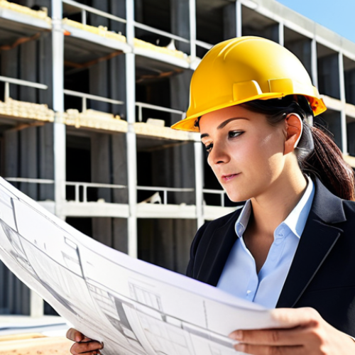 Home 21 **
"A professional female architect, fully clothed in modest business attire, reviewing blueprints on a construction site. Hard hat present. Background shows a modern building under construction, sunny day. Safe for work, appropriate content, perfect anatomy, professional photography, high quality."
**